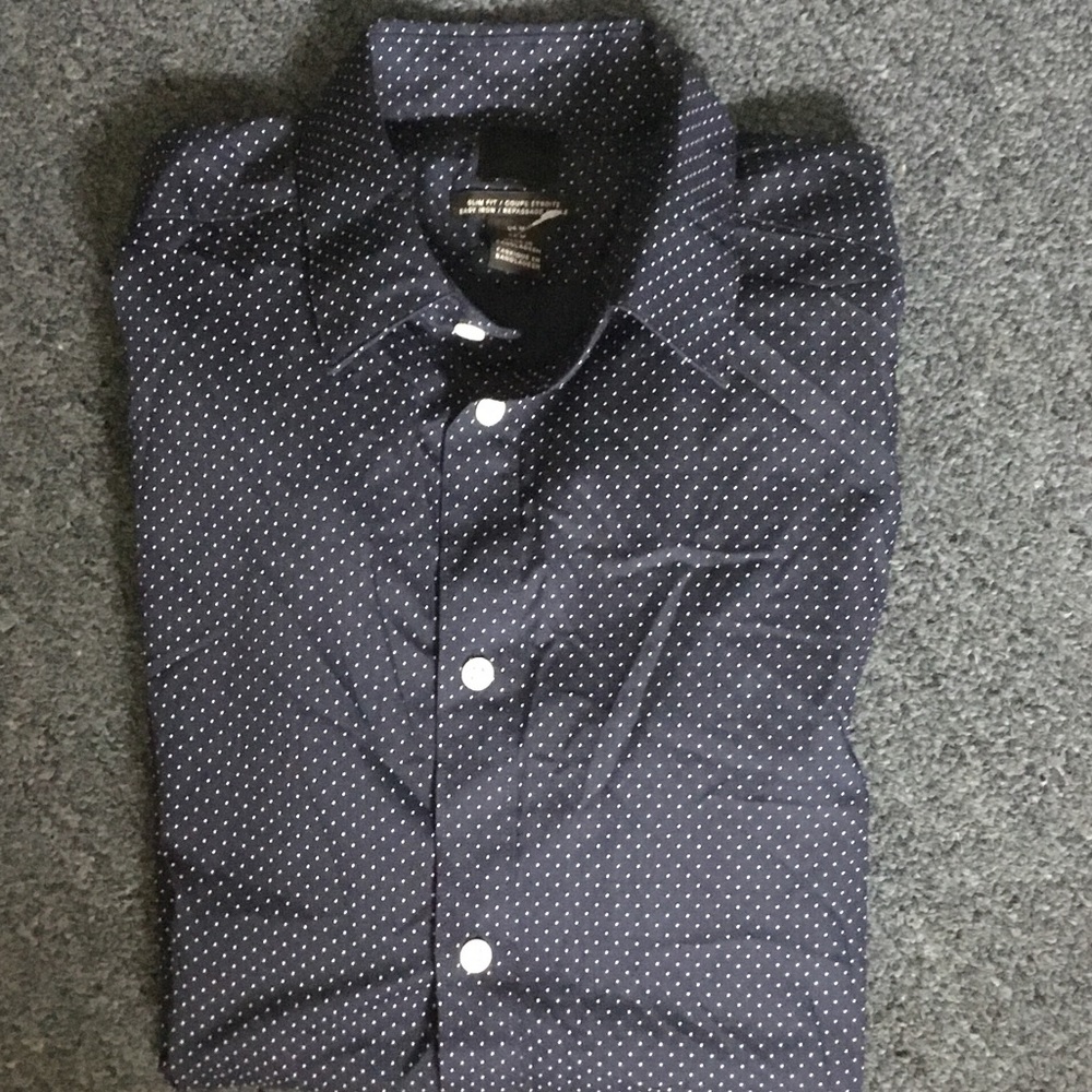 H&M Men's Navy Blue Button-Down Shirt with White Micro Dots
